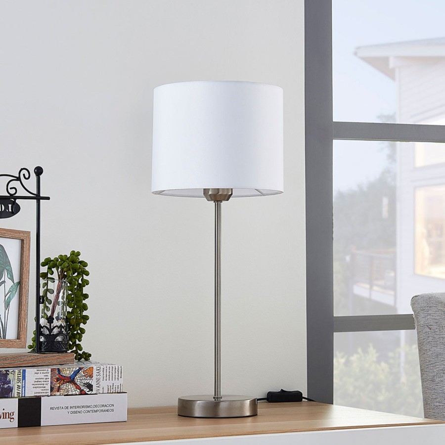 Lampes D'Interieur Lindby | Lampe A Poser Blanche Annatina En Tissu Blanc, Nickel Satine