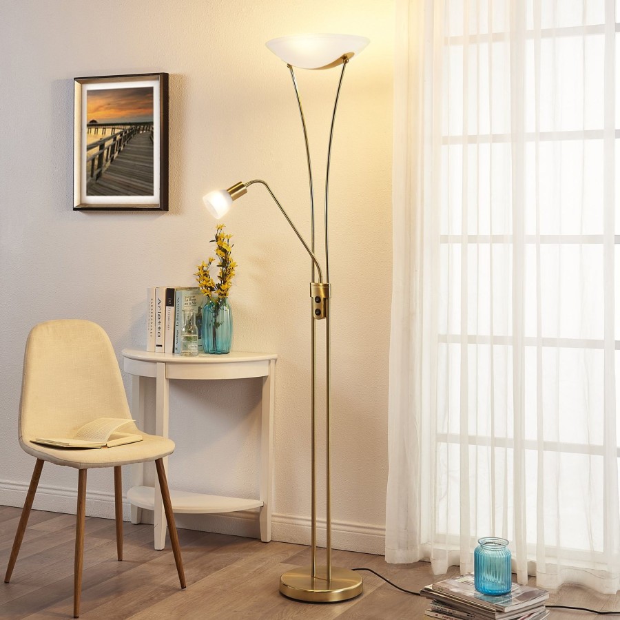 Lampes D'Interieur Lindby | Lindby Felicia Lampadaire Indirect Liseuse, Laiton Laiton, Blanc Albatre