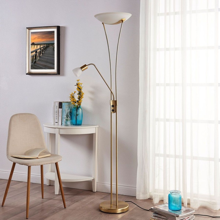 Lampes D'Interieur Lindby | Lindby Felicia Lampadaire Indirect Liseuse, Laiton Laiton, Blanc Albatre
