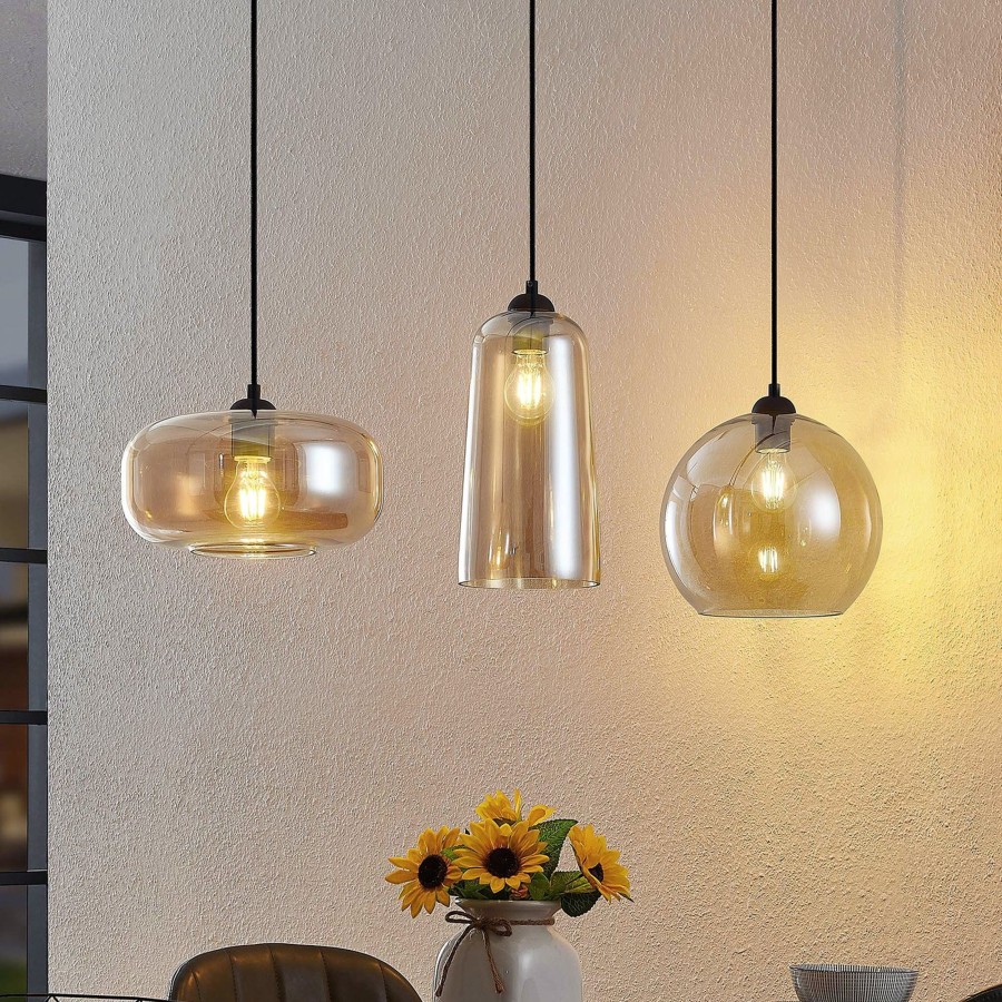 Lampes D'Interieur Lucande | Lucande Wilja Suspension, A 3 Lampes, Ambree Noir, Ambre