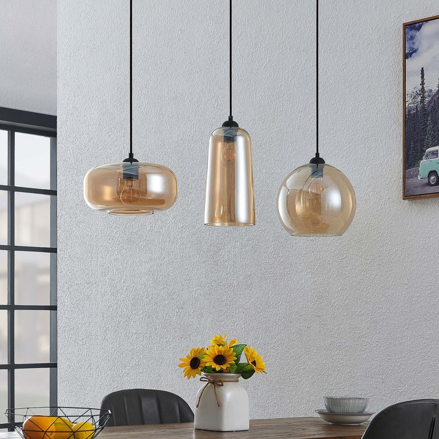 Lampes D'Interieur Lucande | Lucande Wilja Suspension, A 3 Lampes, Ambree Noir, Ambre
