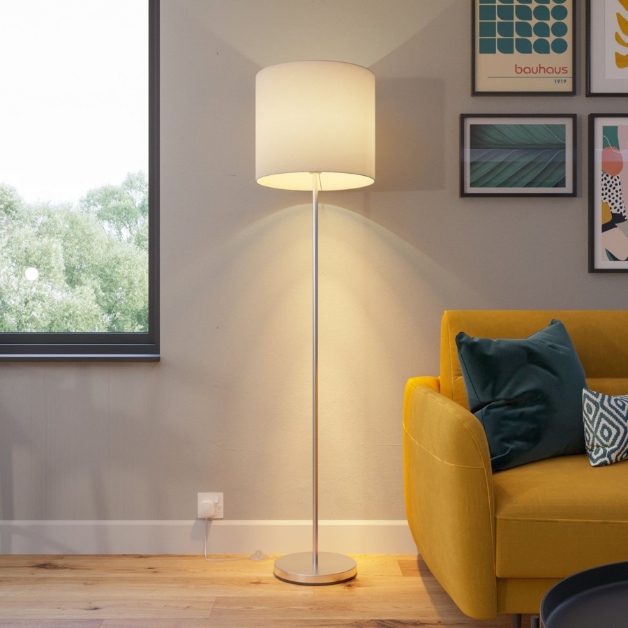 Lampes D'Interieur Lindby | Lindby Everly Lampadaire Avec Abat-Jour En Tissu Blanc, Nickel Mat