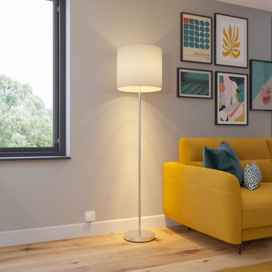 Lampes D'Interieur Lindby | Lindby Everly Lampadaire Avec Abat-Jour En Tissu Blanc, Nickel Mat