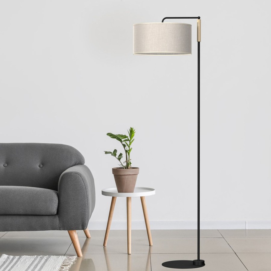 Lampes D'Interieur Eko-Light | Lampadaire Atlanta Avec Abat-Jour En Lin Noir, Ecru, Brun