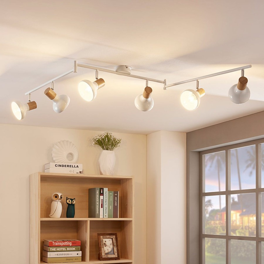 Lampes D'Interieur Lindby | Plafonnier Fridolin Blanc A 6 Lampes Blanc, Bois Clair
