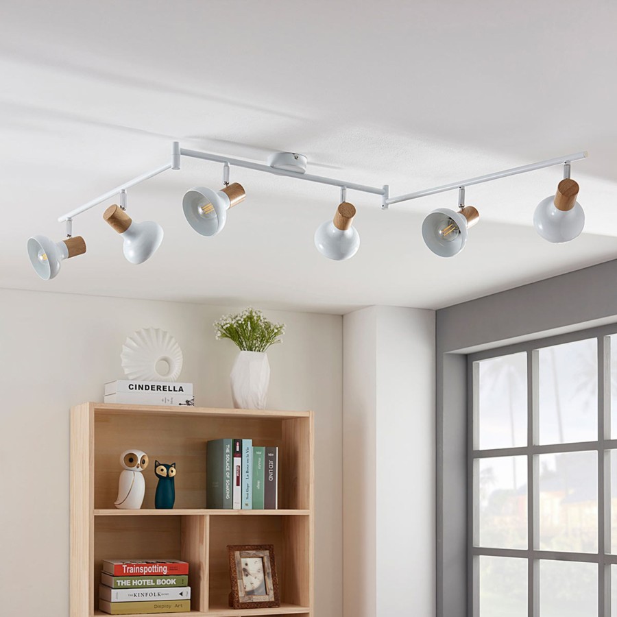 Lampes D'Interieur Lindby | Plafonnier Fridolin Blanc A 6 Lampes Blanc, Bois Clair