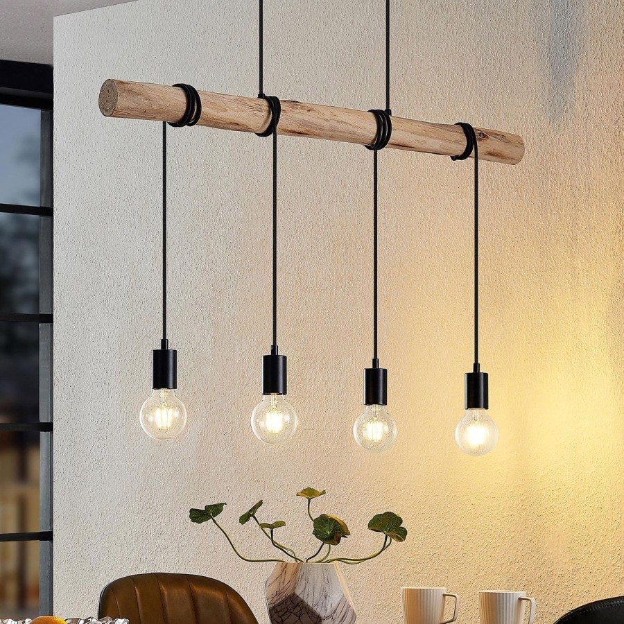 Lampes D'Interieur Lindby | Lindby Ferris Suspension En Bois, A Quatre Lampes Bois Clair, Noir Mat