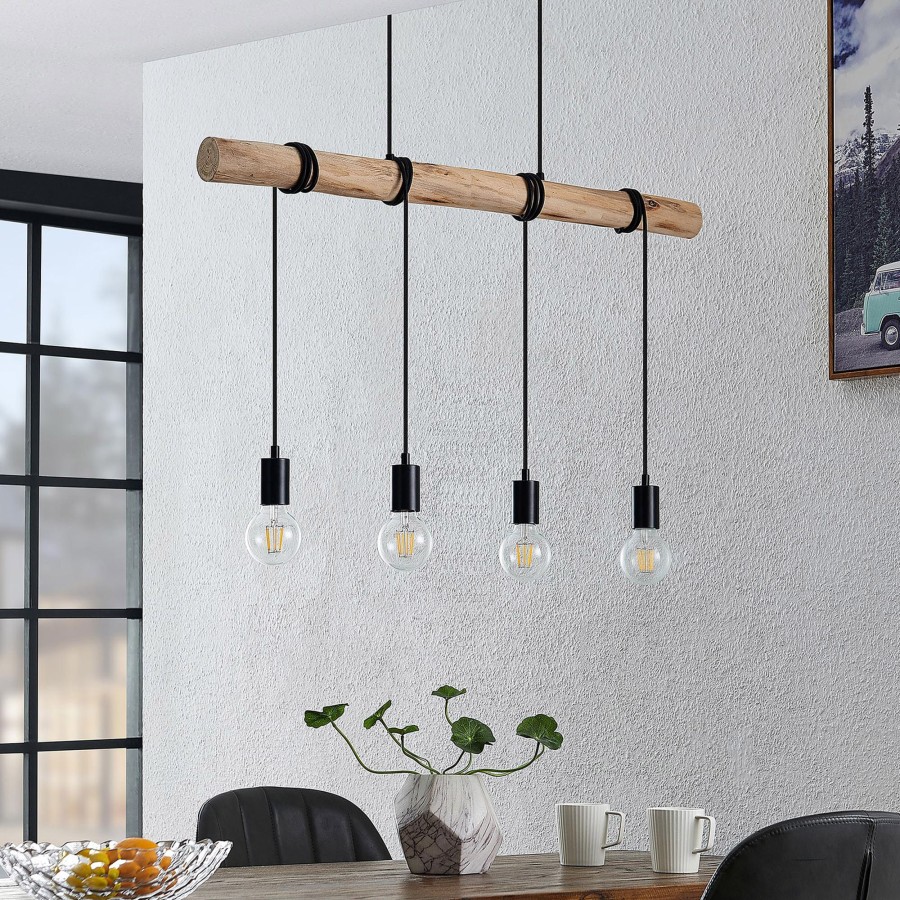 Lampes D'Interieur Lindby | Lindby Ferris Suspension En Bois, A Quatre Lampes Bois Clair, Noir Mat