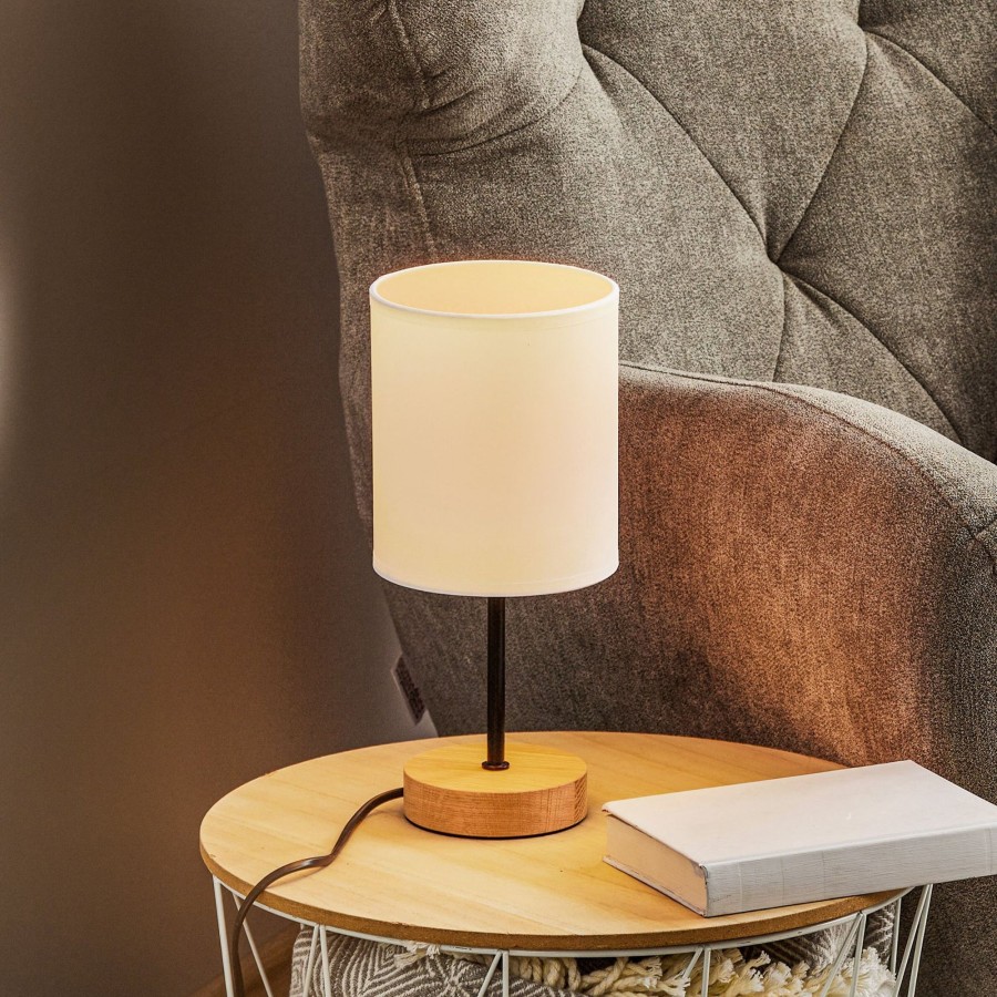 Lampes D'Interieur BRITOP | Lampe A Poser Corralee Bois, Abat-Jour Tissu Blanc Blanc, Chene Huile, Noir