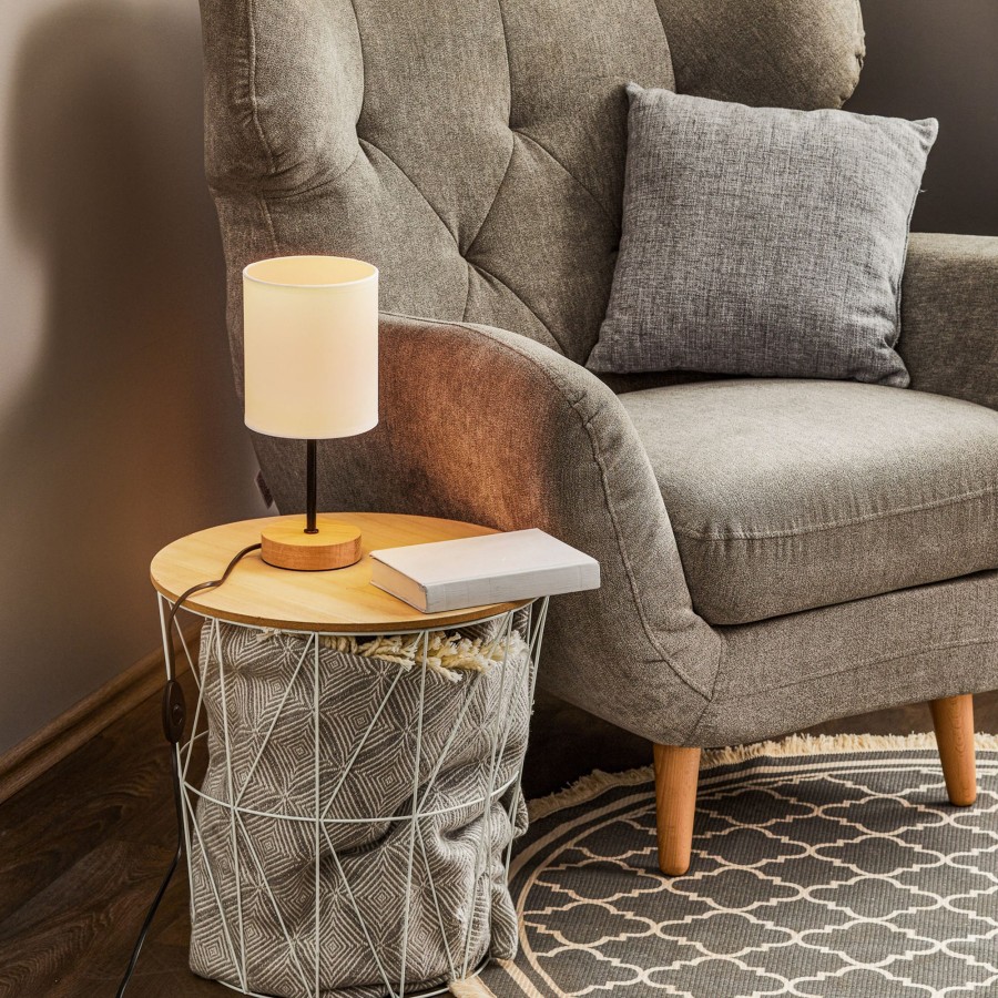 Lampes D'Interieur BRITOP | Lampe A Poser Corralee Bois, Abat-Jour Tissu Blanc Blanc, Chene Huile, Noir
