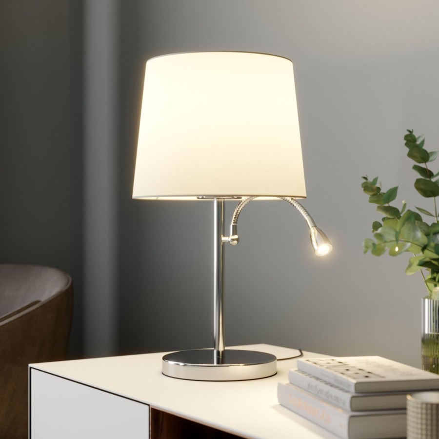 Lampes D'Interieur Lindby | Lampe A Poser Tissu Benjiro A Liseuse Led Blanc, Chrome