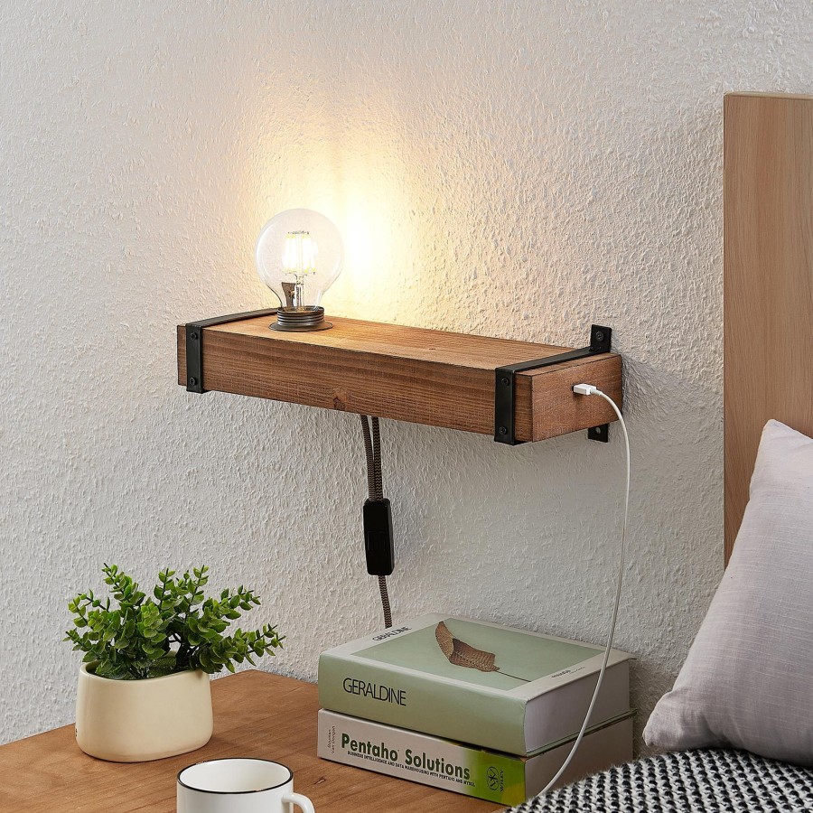 Lampes D'Interieur Lindby | Lindby Sverina Applique En Bois Avec Prise Brun, Noir