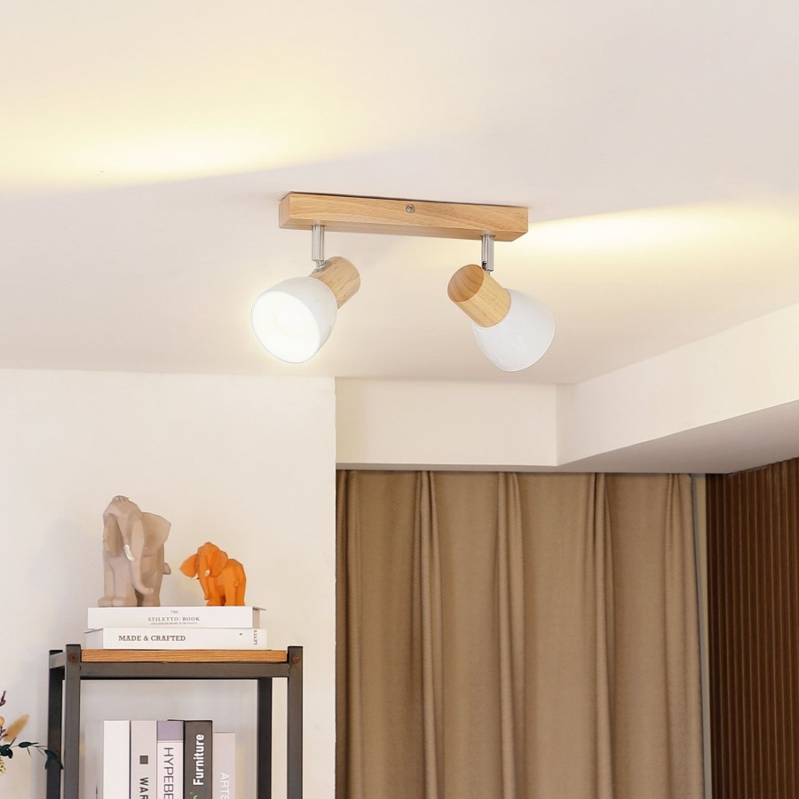 Lampes D'Interieur Lindby | Thorin - Plafonnier En Bois A Deux Lampes Bois Clair, Blanc