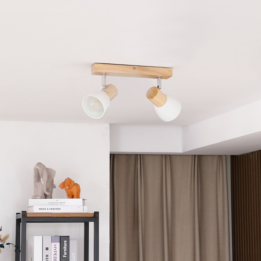 Lampes D'Interieur Lindby | Thorin - Plafonnier En Bois A Deux Lampes Bois Clair, Blanc
