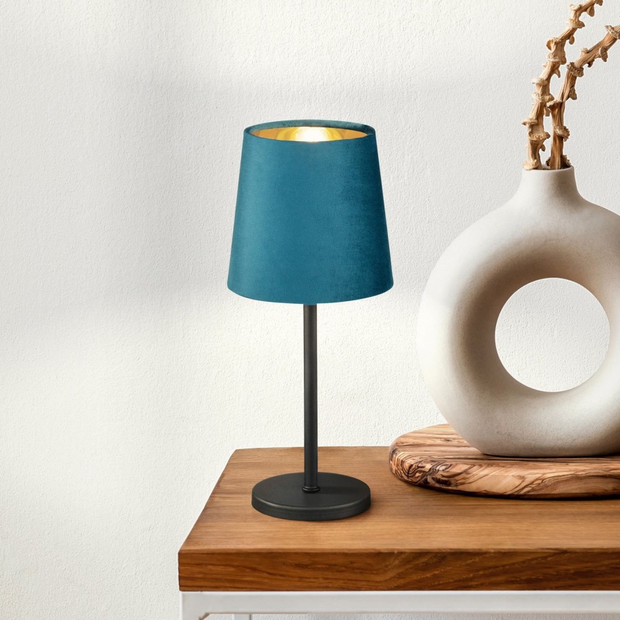 Lampes D'Interieur FH Lighting | Lampe A Poser Palina, Abat-Jour Tissu Petrole/Dore Noir Sable, Petrole, Dore