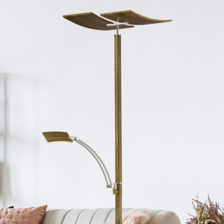 Lampes D'Interieur HELL | Lampadaire Led Duo A Variateur D'Intensite, Bois Brun Fonce, Nickel Mat, Chrome, Satine