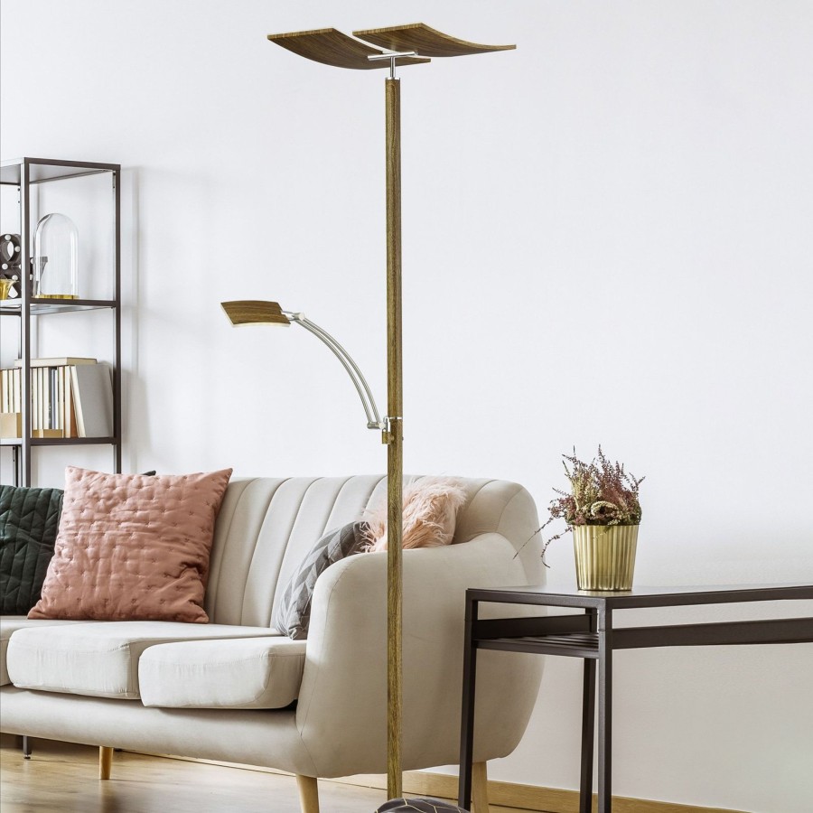 Lampes D'Interieur HELL | Lampadaire Led Duo A Variateur D'Intensite, Bois Brun Fonce, Nickel Mat, Chrome, Satine