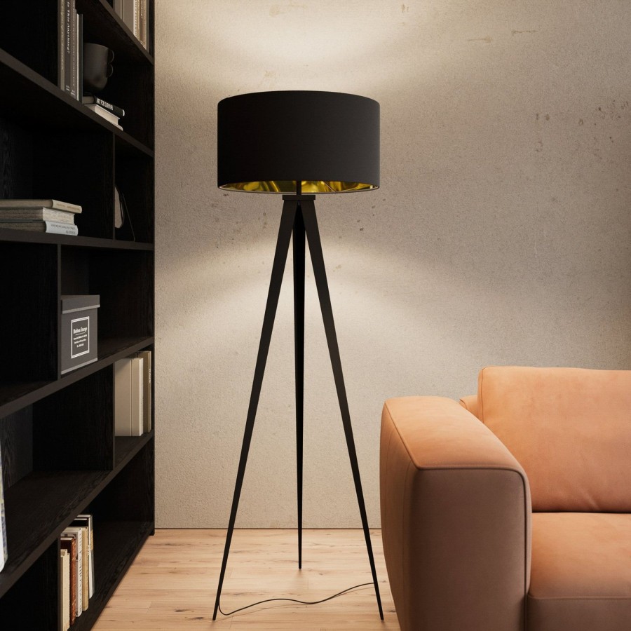 Lampes D'Interieur Lindby | Lampadaire Noir Et Dore Benik En Forme De Trepied Noir, Dore