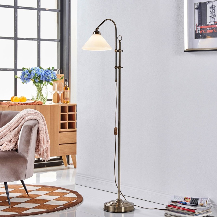 Lampes D'Interieur Lindby | Beau Lampadaire Otis En Laiton Ancien Blanc Opale Brillant, Laiton Ancien