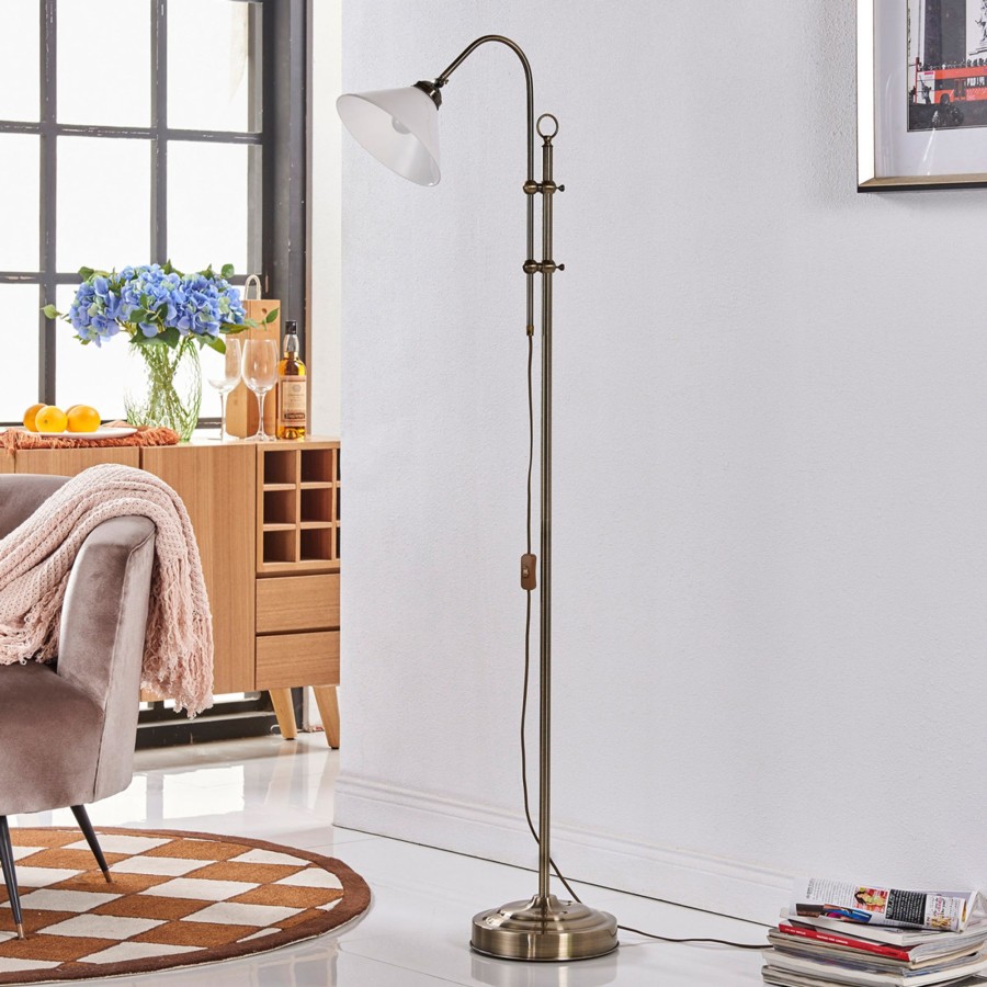 Lampes D'Interieur Lindby | Beau Lampadaire Otis En Laiton Ancien Blanc Opale Brillant, Laiton Ancien