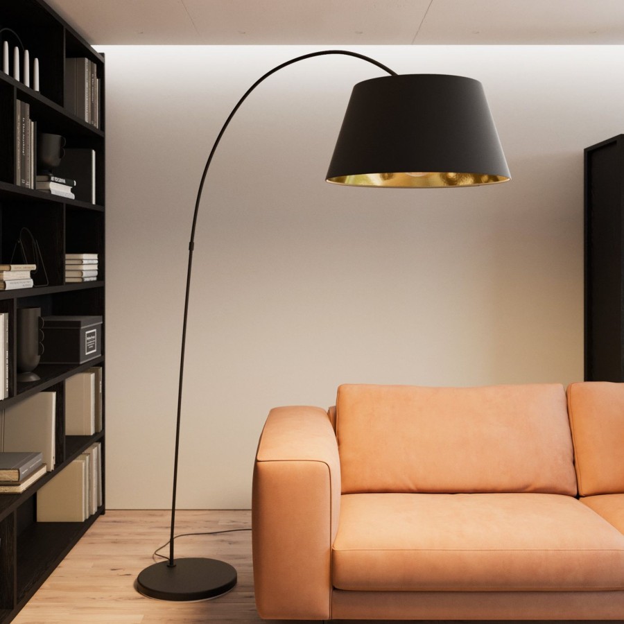 Lampes D'Interieur Lindby | Lampadaire Arque Esti Abat-Jour Tissu, Noir-Dore Noir, Dore