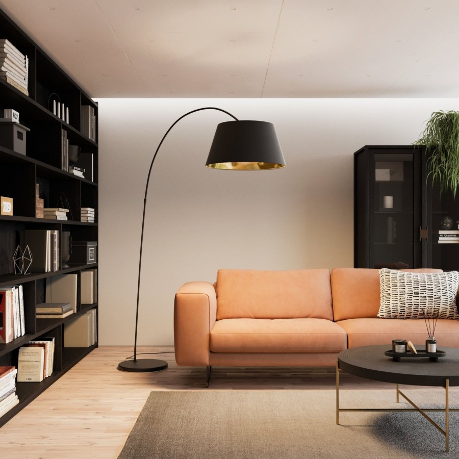 Lampes D'Interieur Lindby | Lampadaire Arque Esti Abat-Jour Tissu, Noir-Dore Noir, Dore
