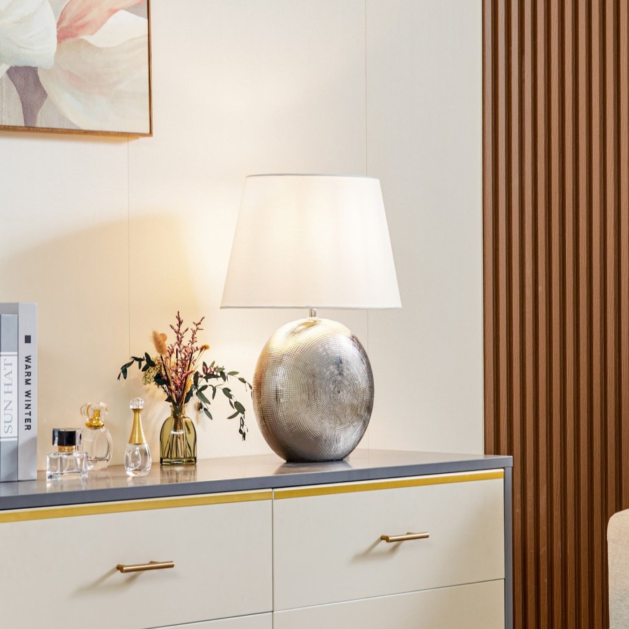 Lampes D'Interieur Lindby | Lindby Florentino Lampe A Poser Tissu Et Ceramique Blanc, Argente