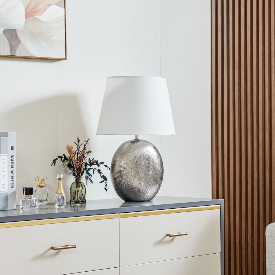 Lampes D'Interieur Lindby | Lindby Florentino Lampe A Poser Tissu Et Ceramique Blanc, Argente