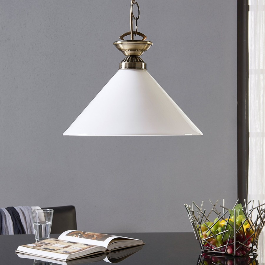 Lampes D'Interieur Lindby | Suspension En Verre Otis, Laiton Ancien Blanc Opale Brillant, Laiton Ancien