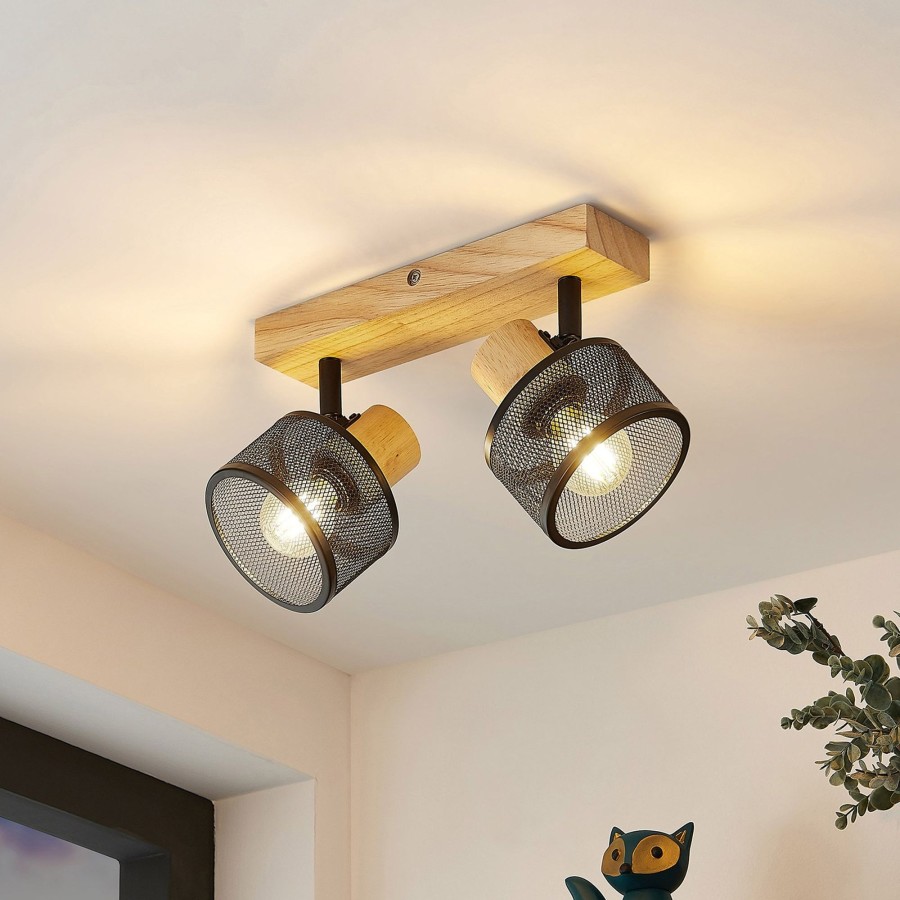 Lampes D'Interieur Lindby | Lindby Evinora Spot Pour Plafond En Bois, 2 Lampes Noir, Bois Clair