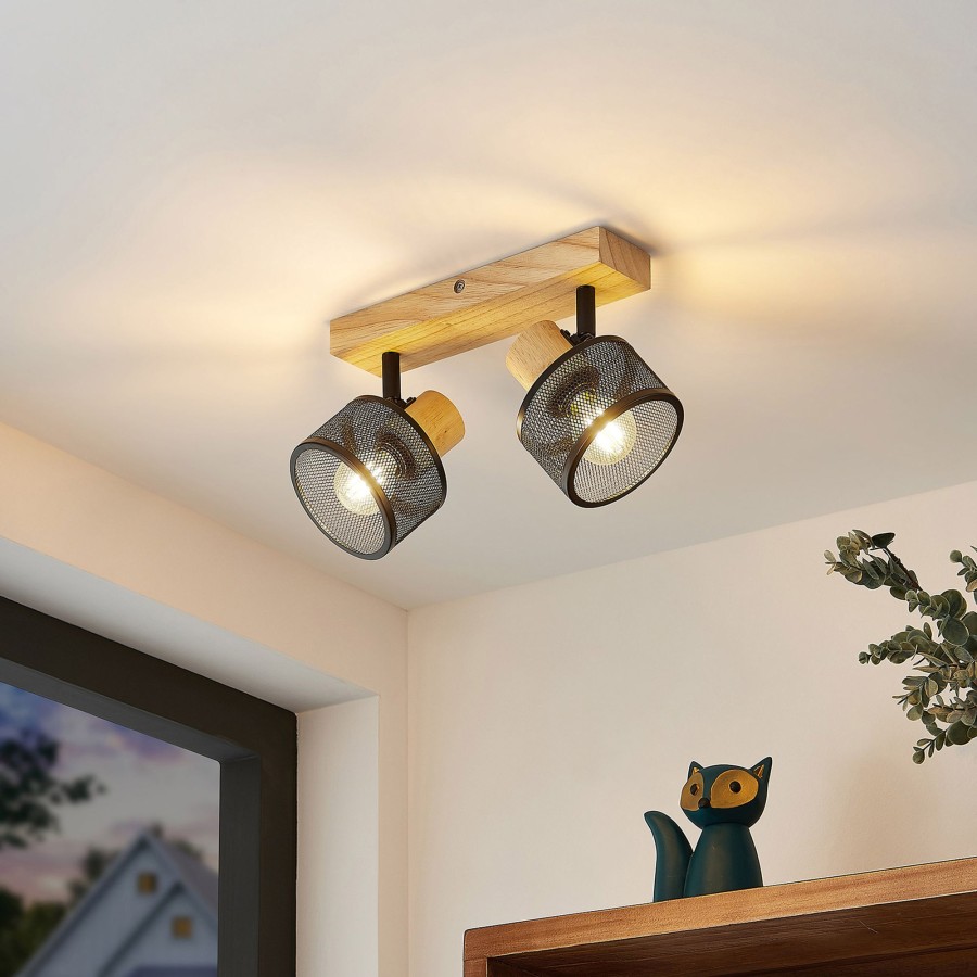Lampes D'Interieur Lindby | Lindby Evinora Spot Pour Plafond En Bois, 2 Lampes Noir, Bois Clair